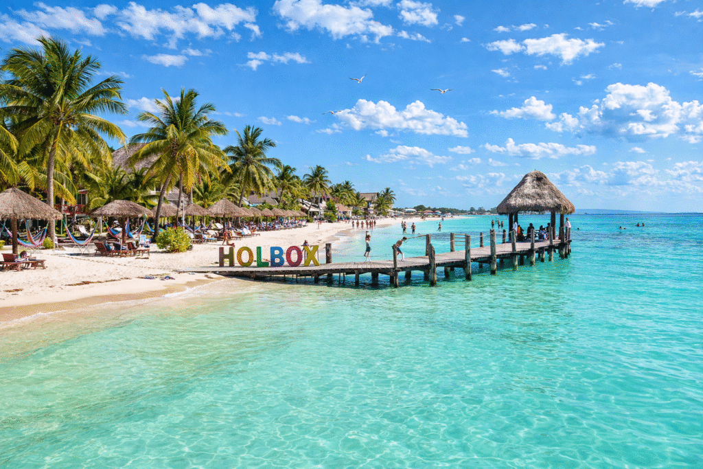 Playa paradisíaca con muelle y palmeras.